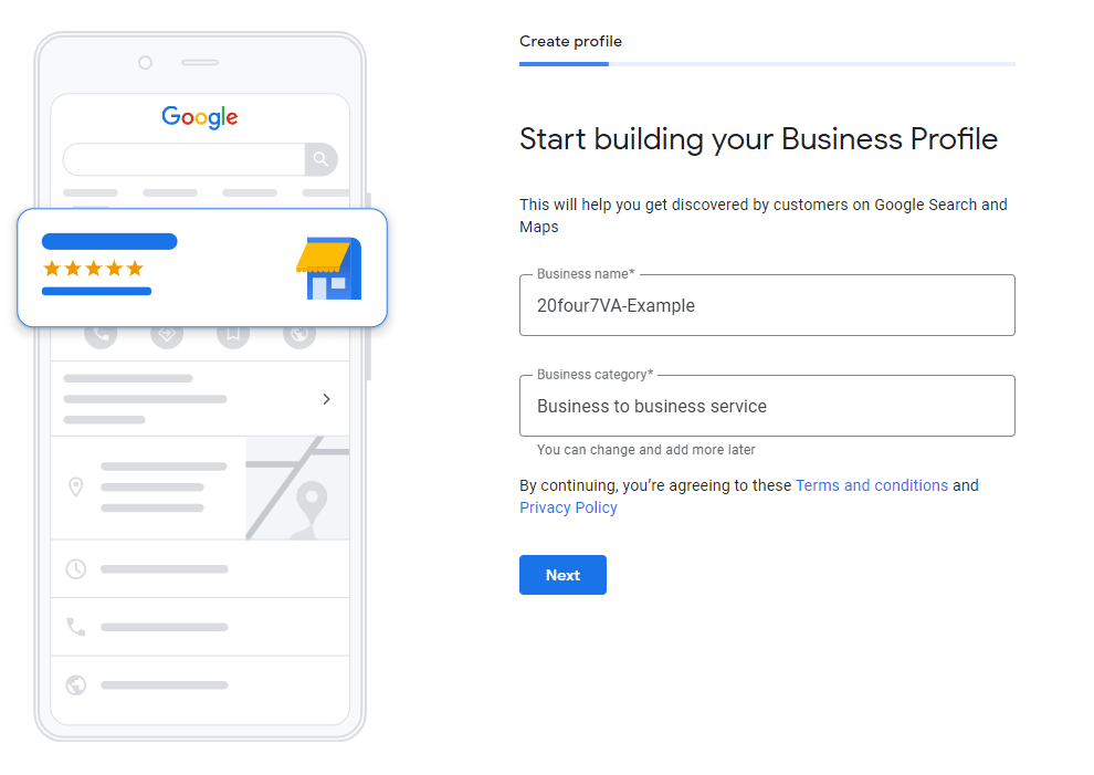 image showing how to create a business profile on Google My Business - 20four7VA.com