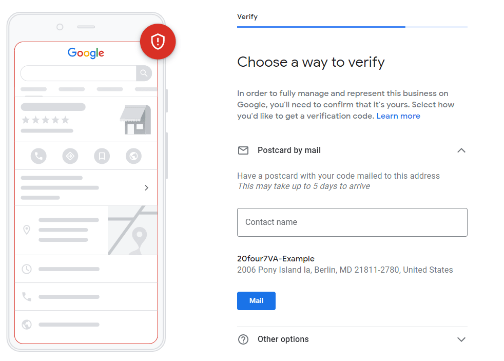 an image showing options for how to verify a Google business listing