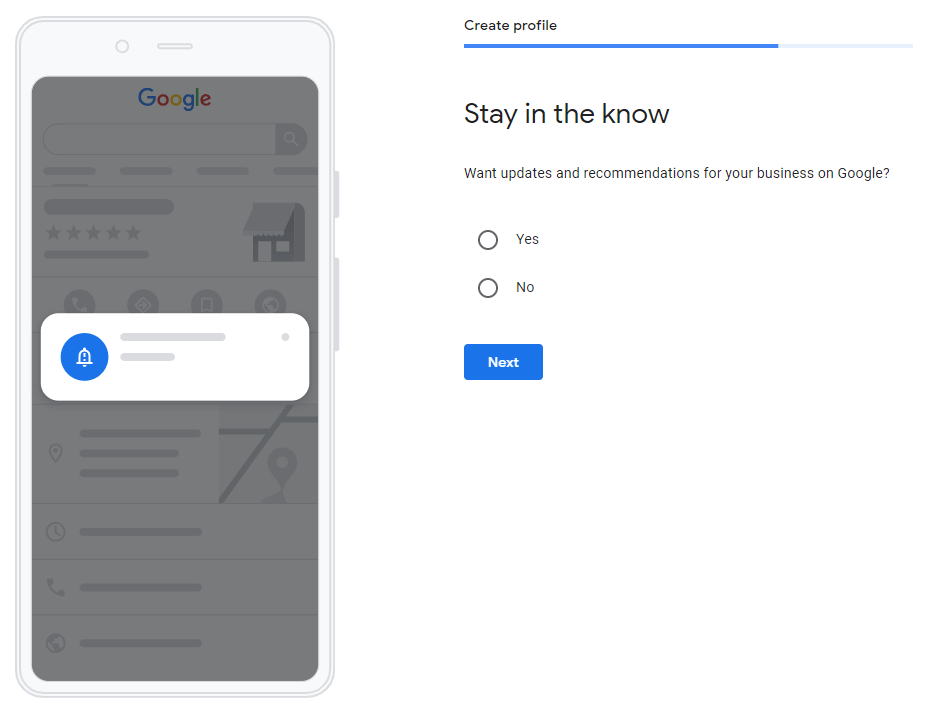 an image that shows the option to accept updates and recommendations from Google