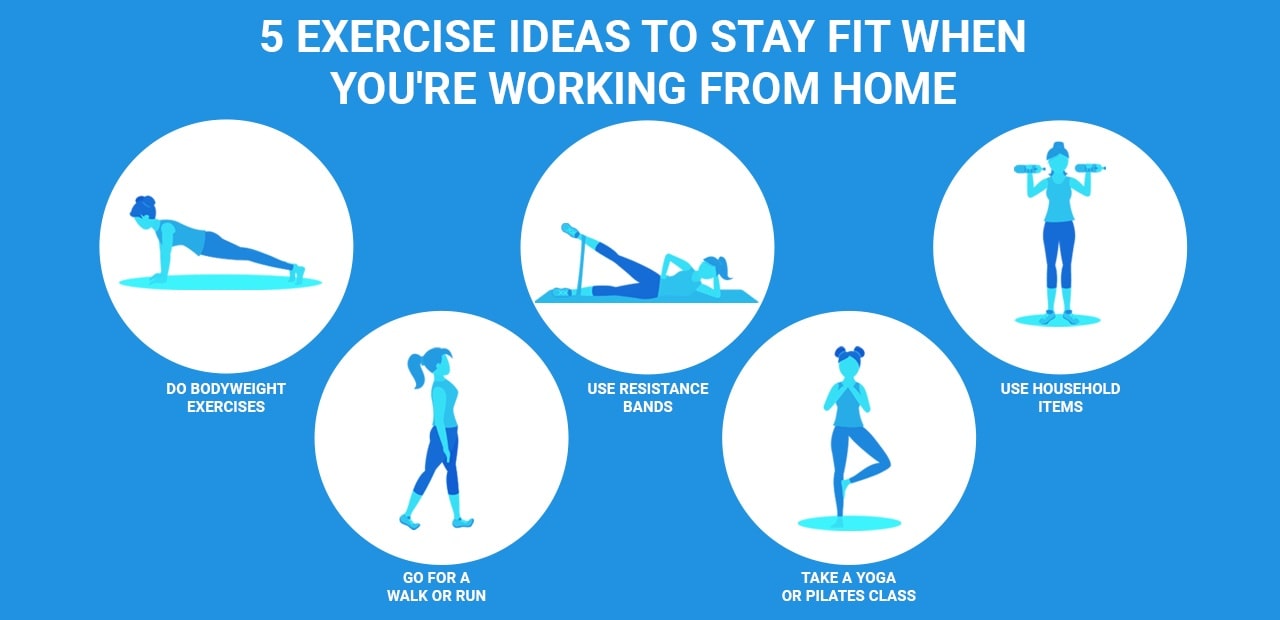 Image with the text 5 Exercise Ideas to Stay Fit when Working from Home