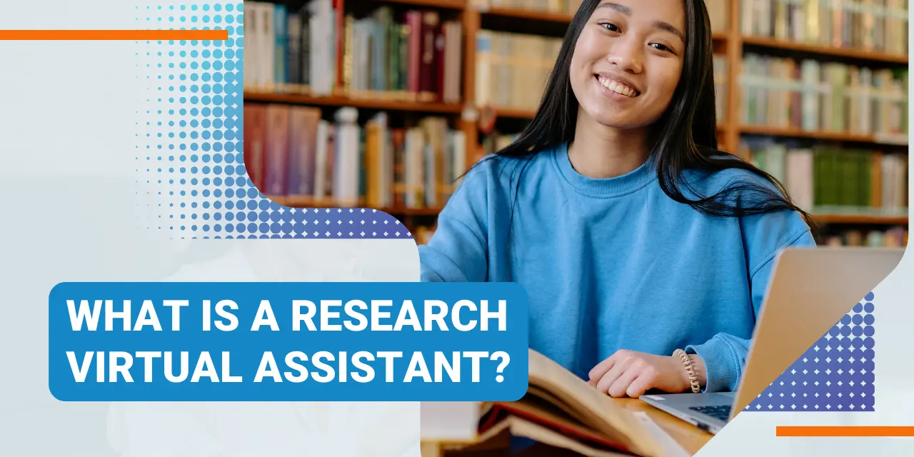 Woman in blue sweater researching inside a library
